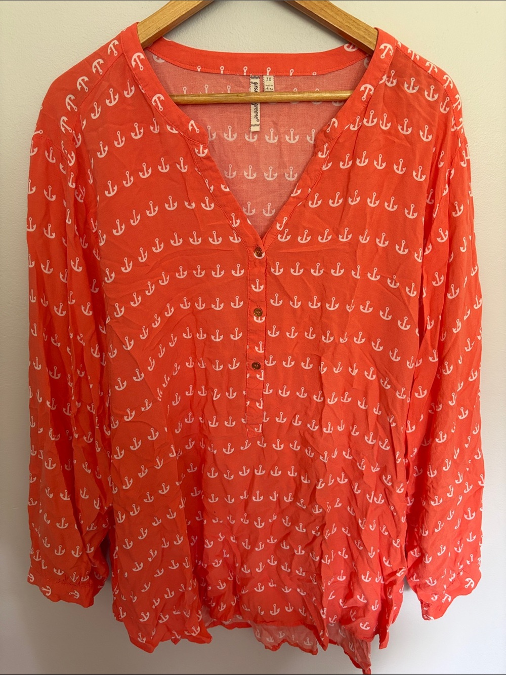 grand & greene Coral Button-Front Blouse with White Anchor Print